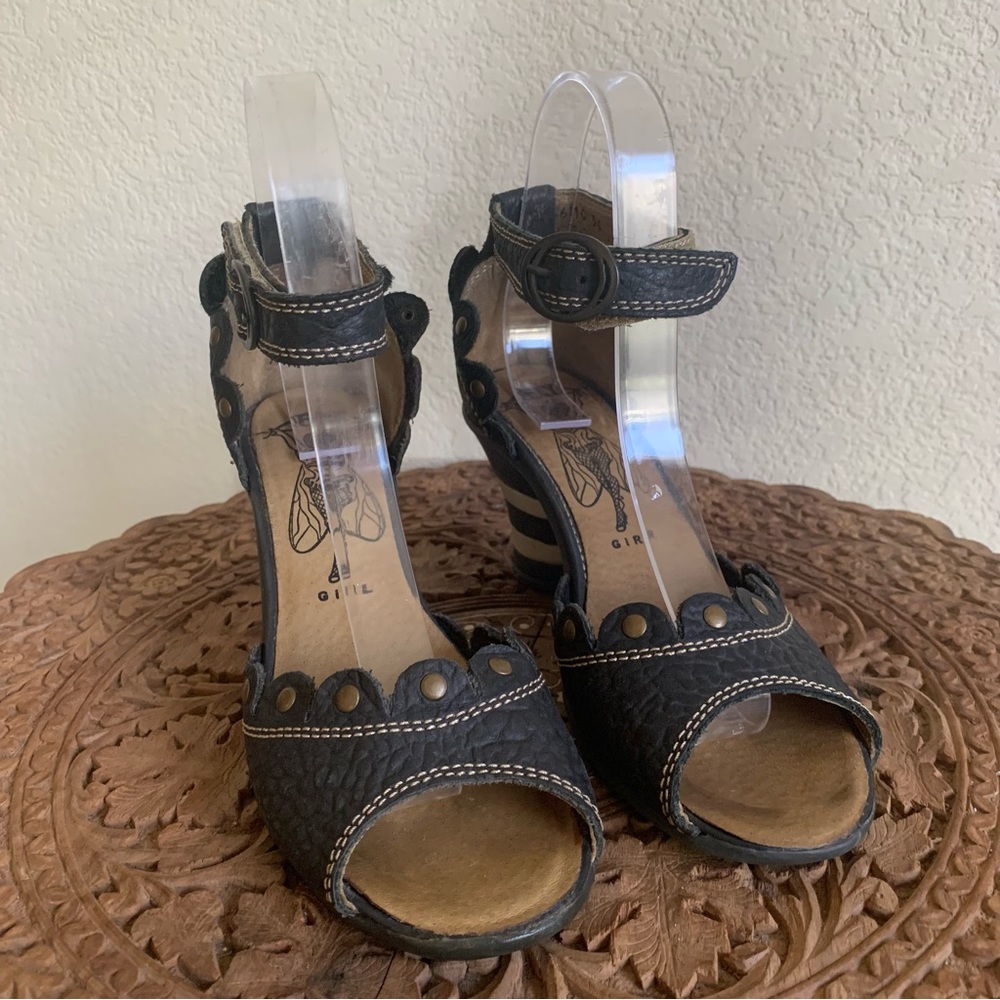 Fly London Black Pebble Leather Studded Mary Jane Open Toe Heels EU Size 36